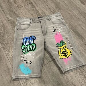 CPTL Denim money themed Graphic light washed gray jean shorts Men’s size 38